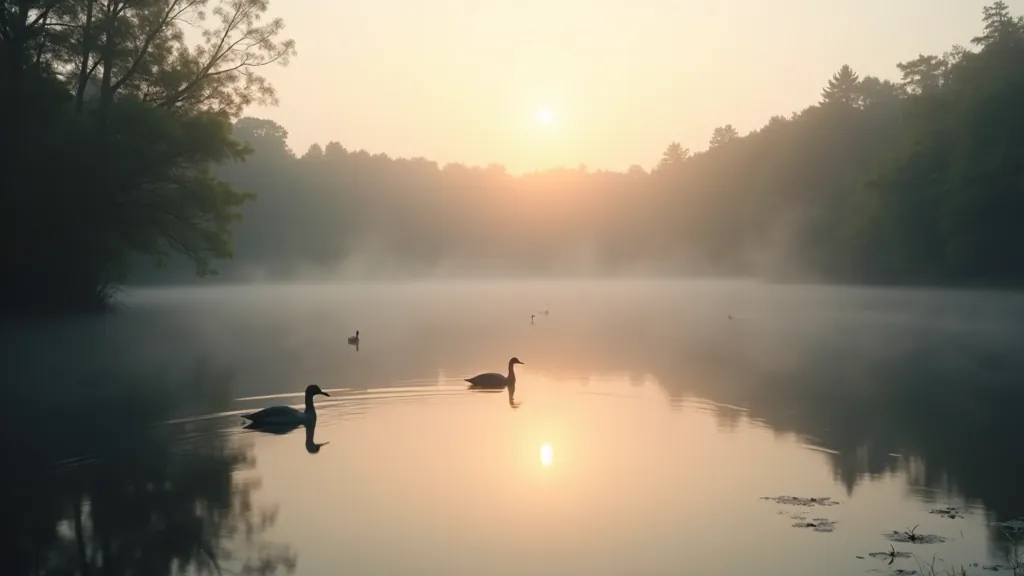 Miglains dīķis ar ūdensputniem, mežs fona, agra rīta atmosfēra
